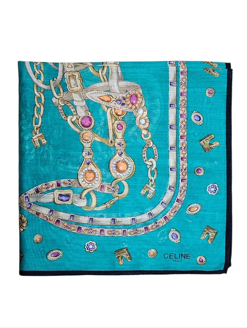 Celine Turquoise Silk Scarf with Gold and Jewel Accents